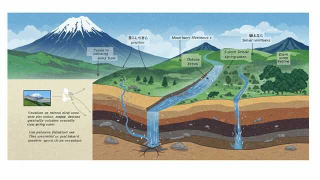 雨や雪が地層を通り湧き水へと変わる富士山の断面図。