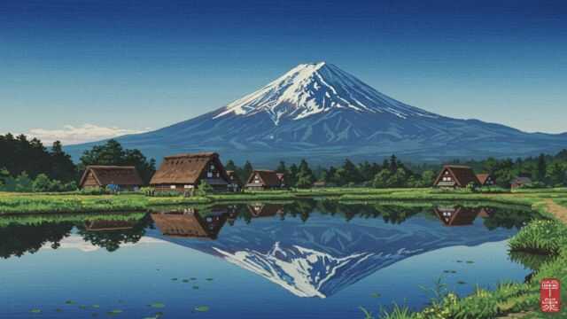忍野八海の澄んだ池と背景にそびえる富士山。