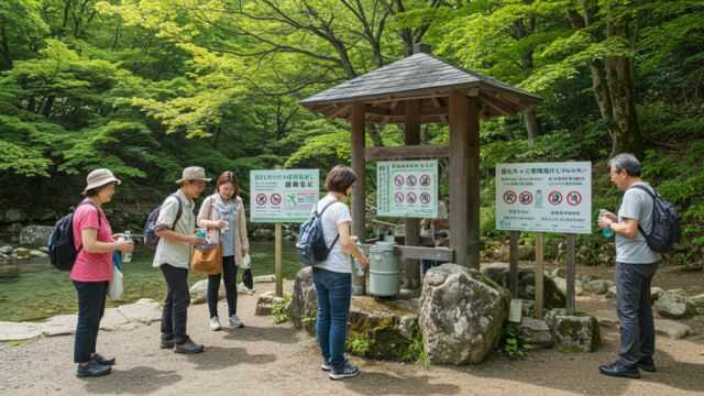 忍野八海の指定水汲み場で湧き水を汲む観光客。