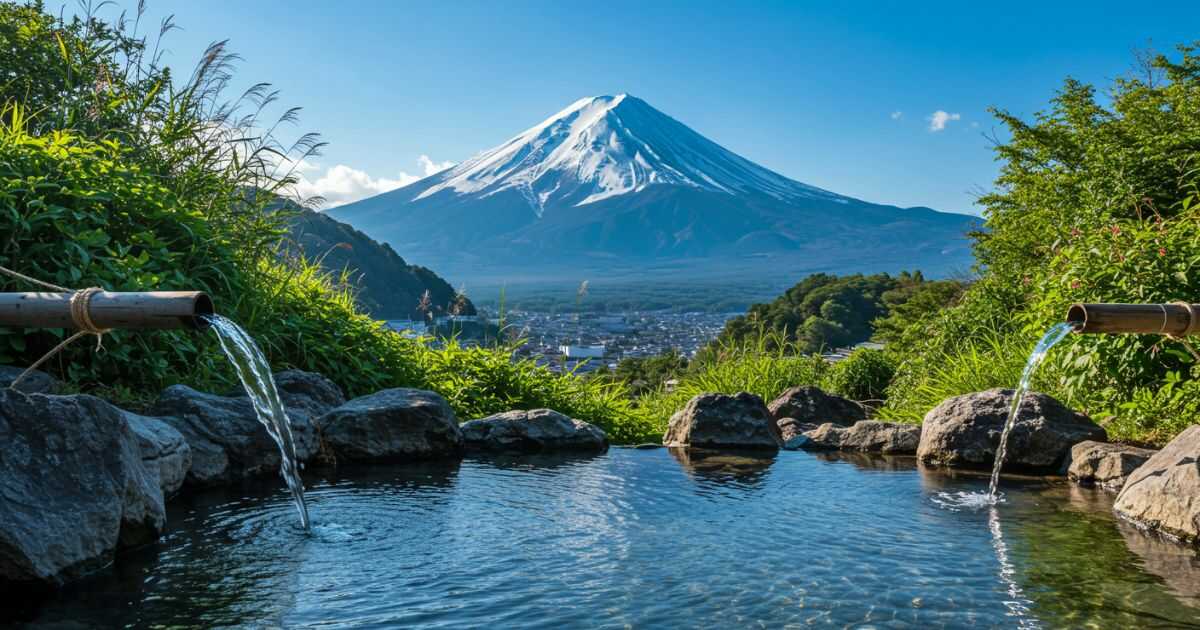 富士山と清らかな湧き水、緑に囲まれた神聖な景観。