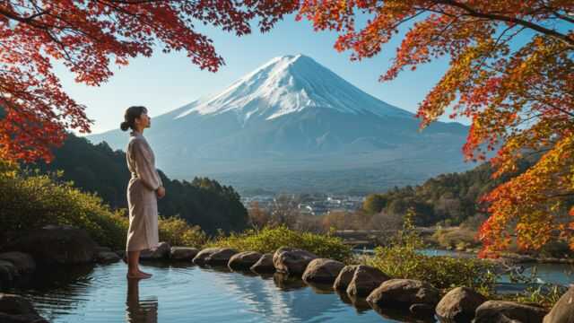 湧き水のそばで深呼吸し心を癒やす日本人女性。