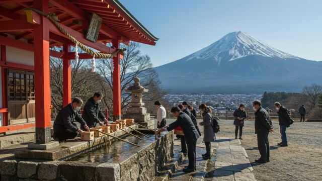 富士山を背景に、湧き水で禊を行う人々と古い神社。